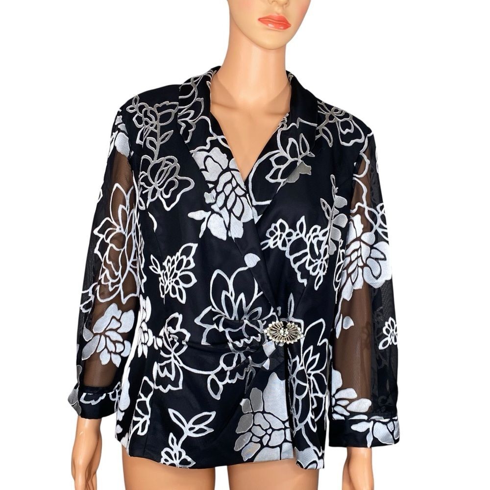 Alex Evenings Elegant Blazer Dressy Sheer Sleeve Rhinestone Accents Cottage Core